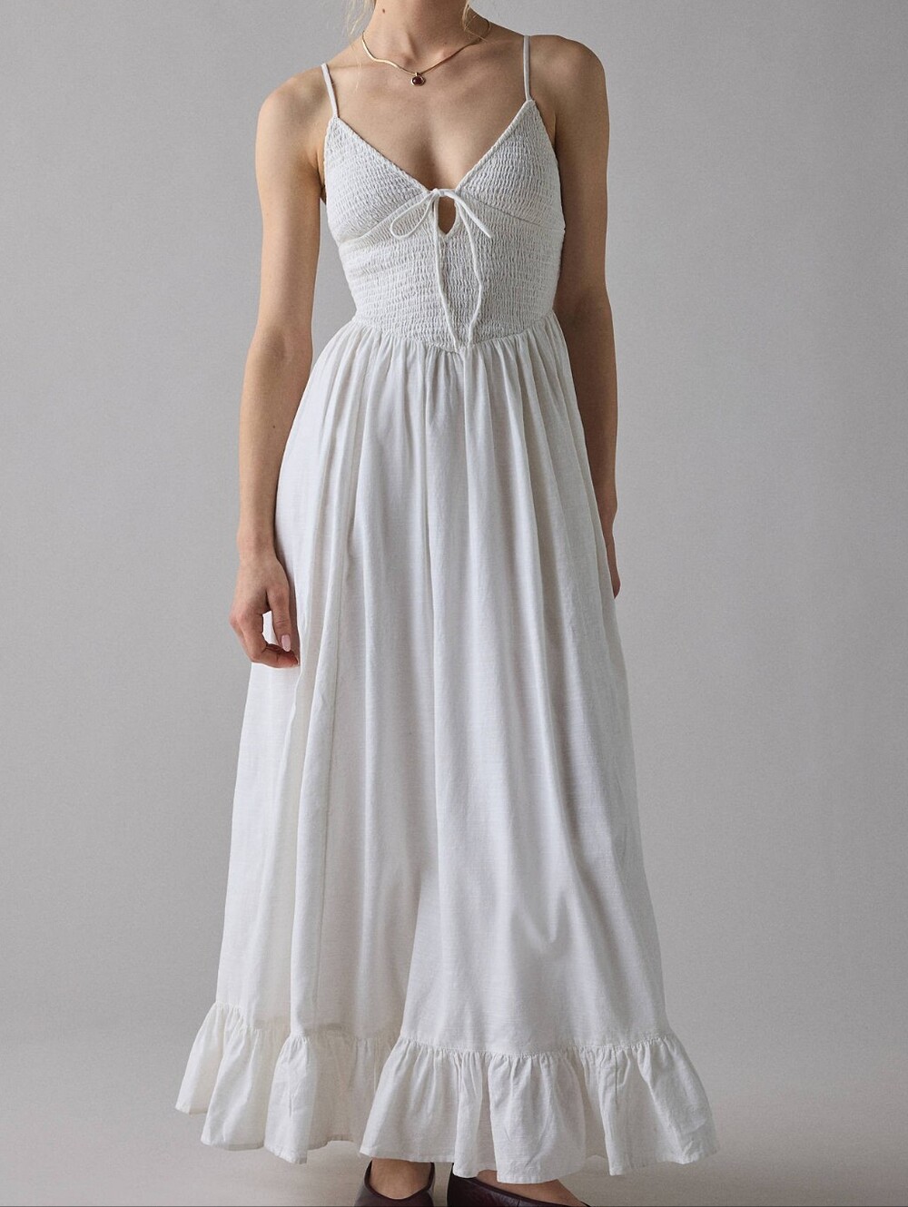 Nwt, Urban Outfitters Kimchi Blue Keepsake White Smocked Tie-Front Maxi Dress